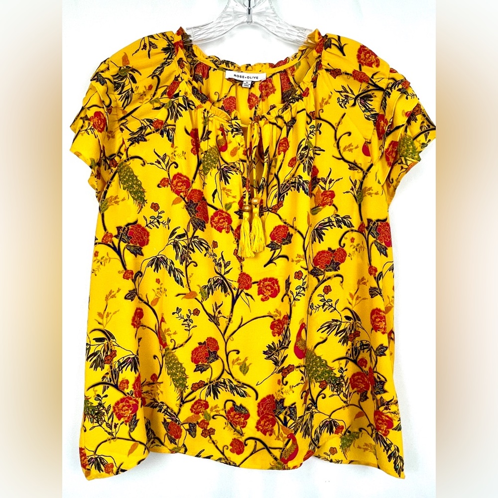 Floral Garden Peacocks Ruffles Tassels Blouse Flowy Feminine Boho Peasant XL